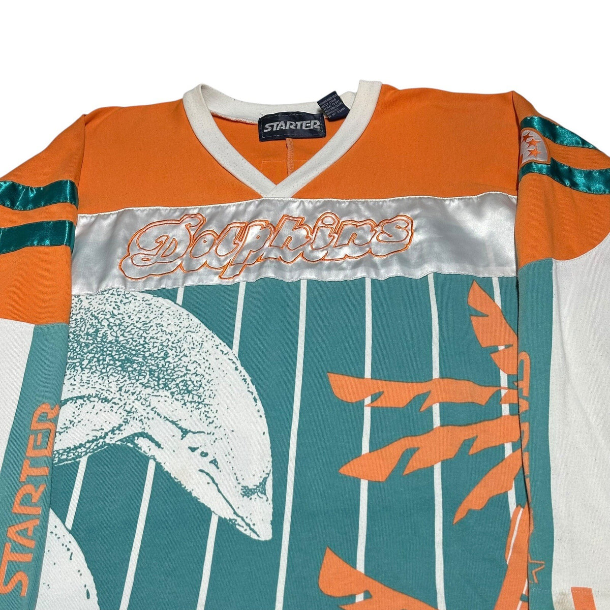 VTG Miami Dolphins V-Neck Football Jersey STARTER ALL OVER PRINT Size XL