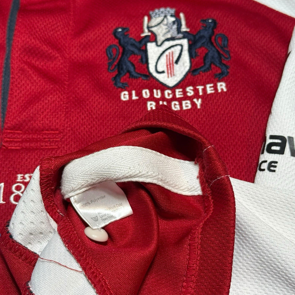 Gloucester Rugby Shirt Red /White Rugby Tech Sponsor Jewson Size XL