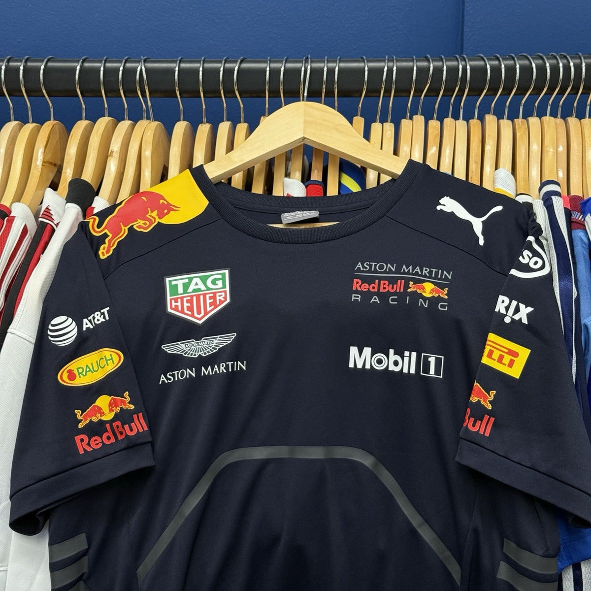 Red Bull Racing Shirt Mens Medium Blue Puma Aston Martin F1 Formula 1 Team