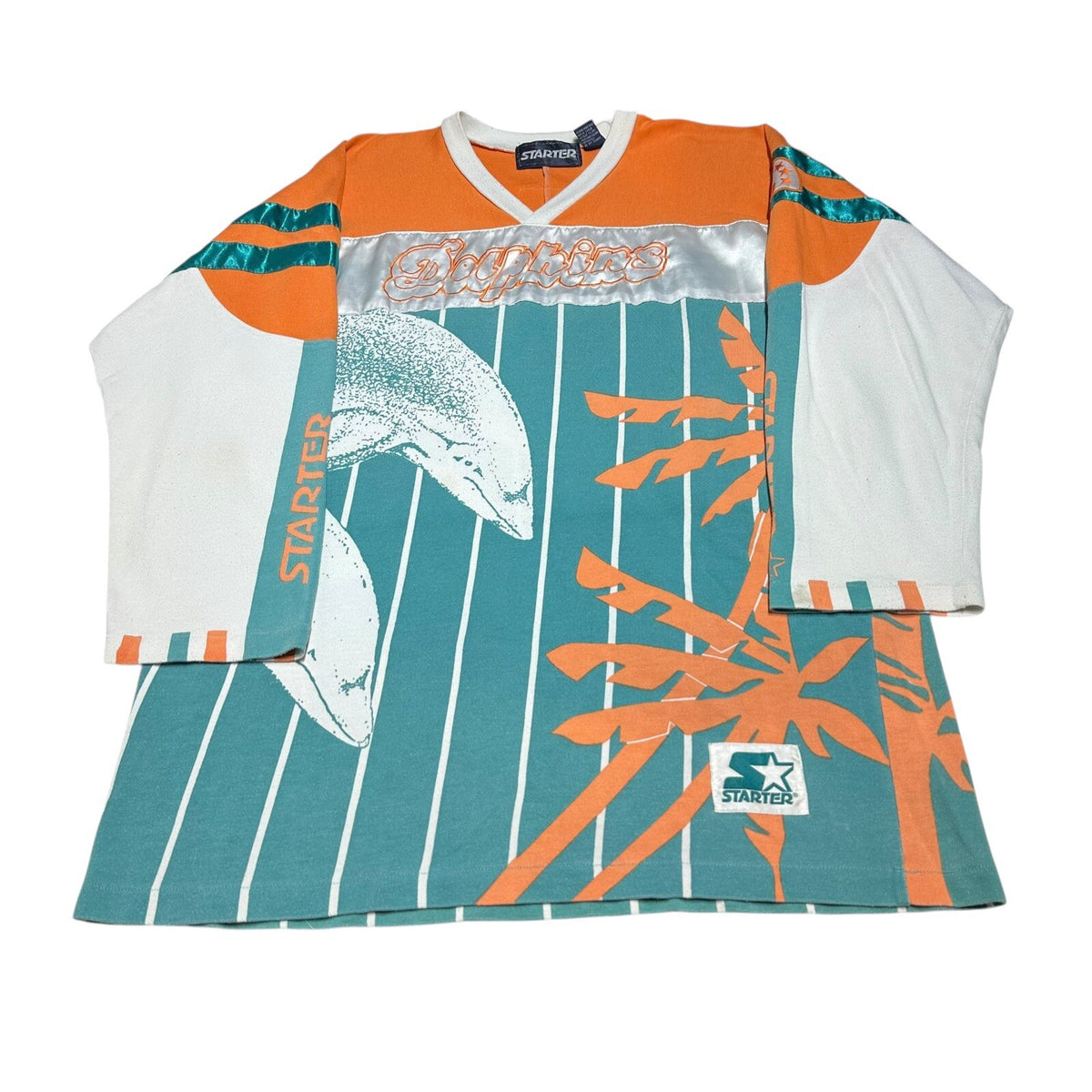 VTG Miami Dolphins V-Neck Football Jersey STARTER ALL OVER PRINT Size XL
