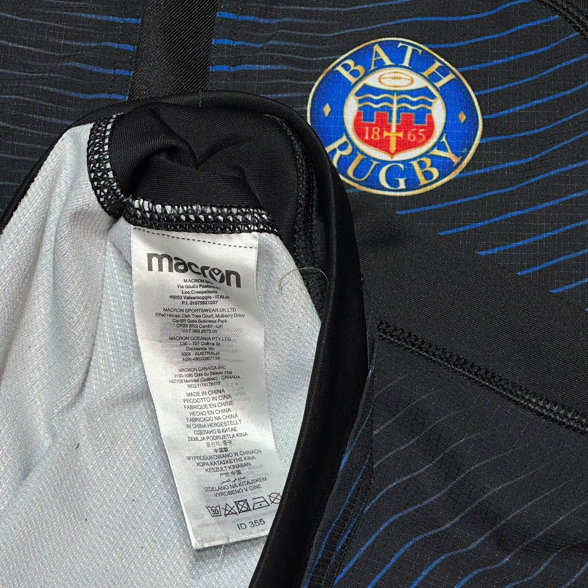 Bath Rugby Player Issue Training Shirt Macron LARGE L Jersey Black Blue GPS Top