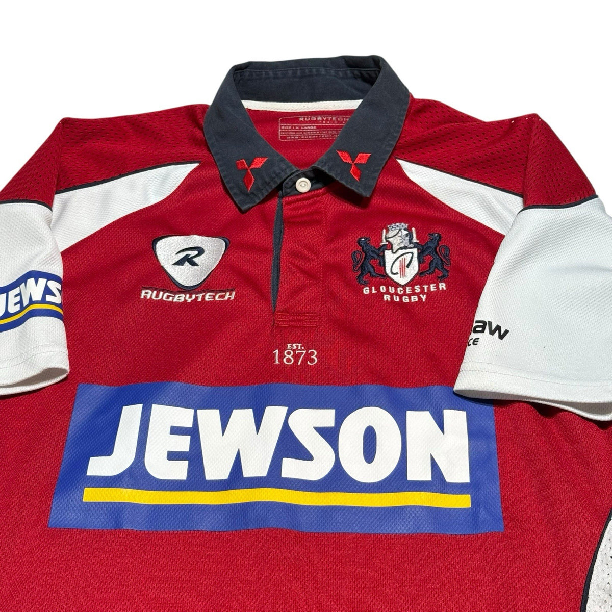 Gloucester Rugby Shirt Red /White Rugby Tech Sponsor Jewson Size XL