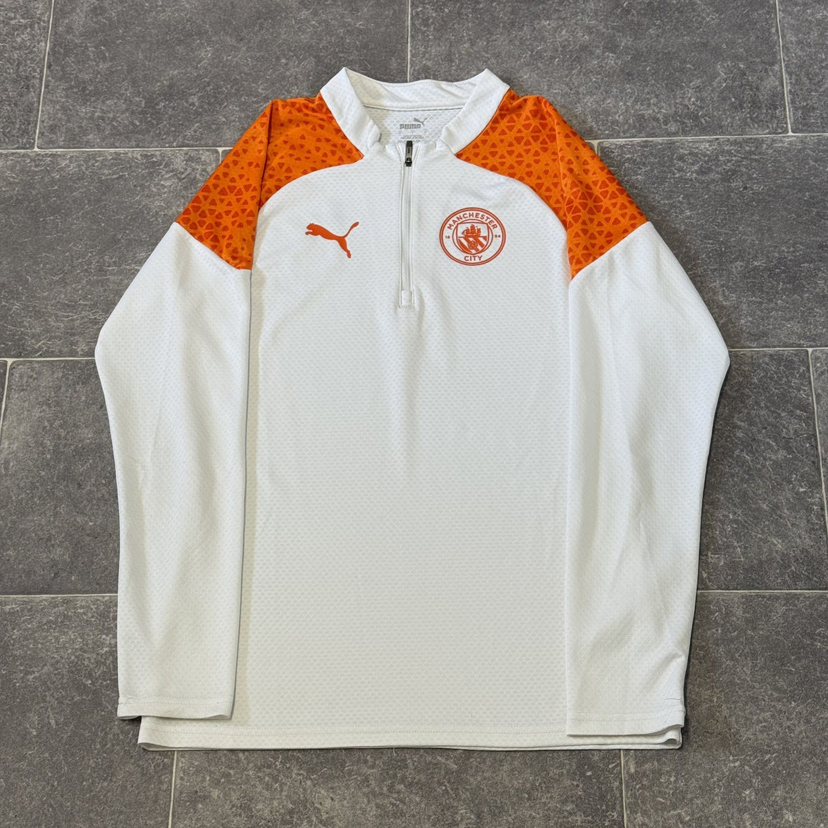 Puma Manchester City Training Fleece Shirt Mens Small White 1/4 Zip Long Sleeve
