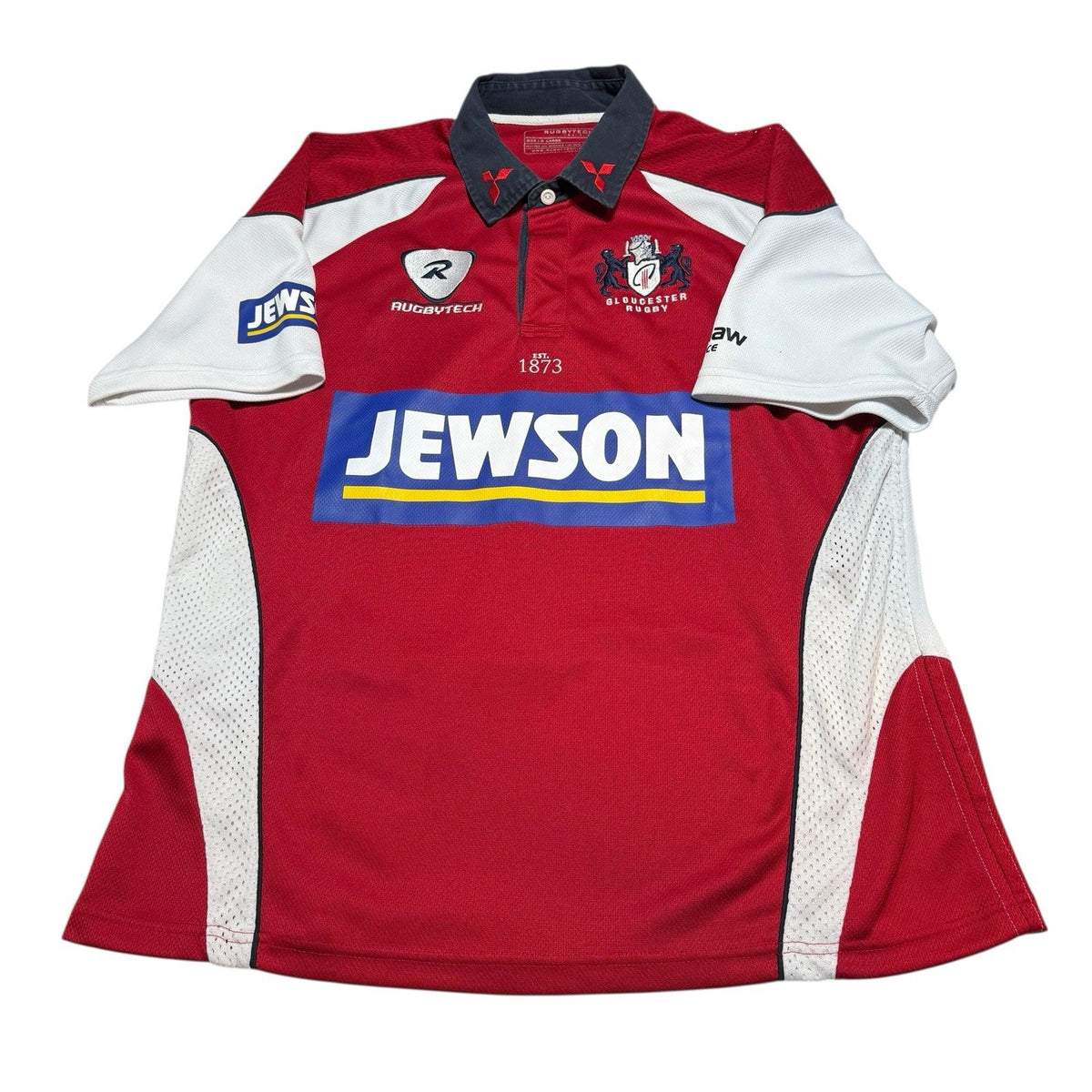 Gloucester Rugby Shirt Red /White Rugby Tech Sponsor Jewson Size XL